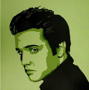 Green and black portrait of Elvis Presley.