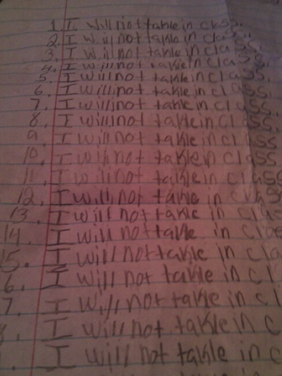 Handwritten list of "I will not talk in class"