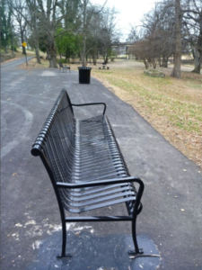 A bench along the Sunflower River in Clarksdale, Mississippi.