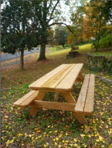 A picnic table waiting for visitors along the Sunflower River in Clarksdale, Mississippi.