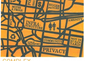 Orange map with text about urban planning.