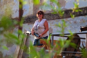 Robin Colonas having some fun during installation of Andrews Exhibit at her NEW ROXY