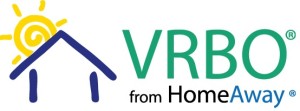 VRBO logo, vacation rental home, sun icon.