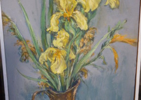 Yellow irises in a brown vase painting.