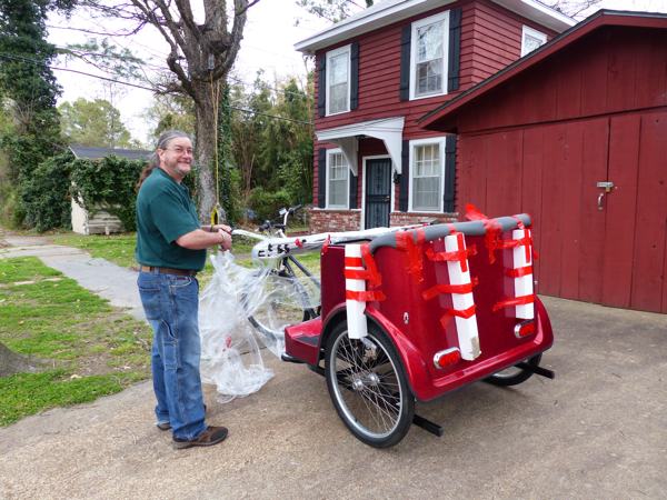 Poor William unwrapping the Delta Bohemian Excursions pedicab