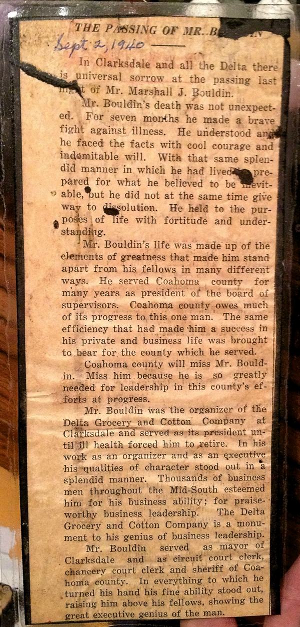 Newspaper clipping about death of Marshall Bouldin in 1940, prominent leader in Clarksdale and Coahoma County