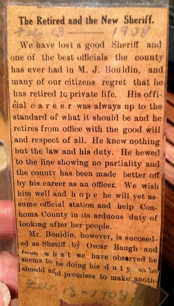 Newspaper clipping about Marshall Bouldin retirement as Sheriff of Coahoma County