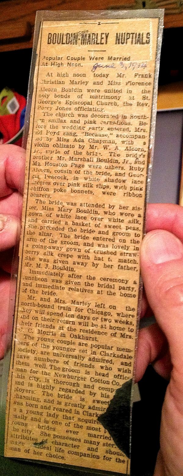 Newspaper clipping about nuptials of Frank Marley and Florence Bouldin in Clarksdale, Mississippi.