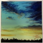 Painting of a colorful sunset sky.