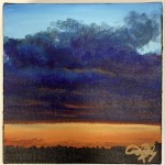 Sunset painting with dark clouds and horizon.