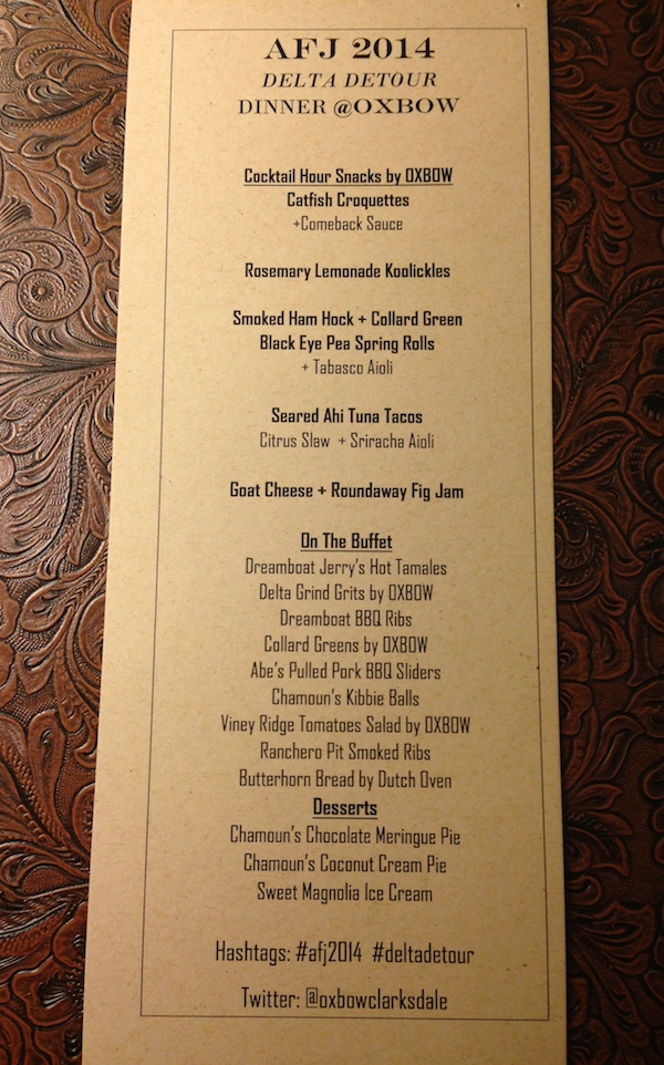 Menu for event at Oxbow Restaurant in Clarksdale for American Food Journalists