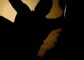 Silhouette of a person with raised hands.