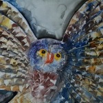 Watercolor painting of an owl with wings spread.