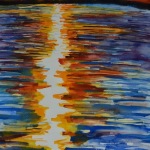 Watercolor painting of sunset over water.