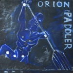 Blue painting of Orion paddling a canoe.