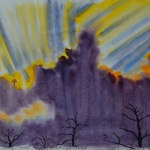 Watercolor painting of a stormy sky with trees.