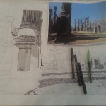 Pencil drawing of columns with pens nearby.