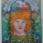 Woman with flowers in stained glass window.