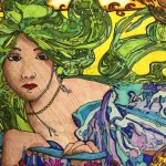 Woman with green hair in colorful dress.