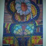 Colorful mosaic artwork with crosses and a window.