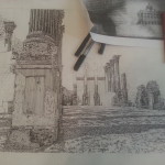 Pen and ink drawing of ancient ruins.