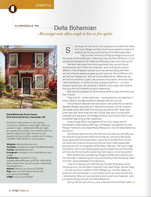 Page One of article about the Delta Bohemian in Winter 2015 edition of the 'sip magazine