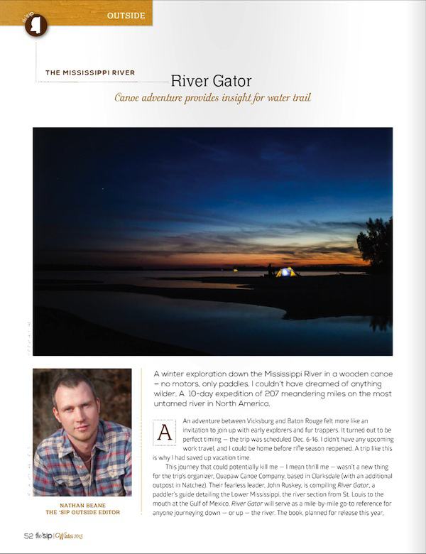 Page One of article about River Gator in Winter 2015 edition of the 'sip magazine