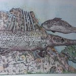 Drawing of a gar and a fish near a waterfall.