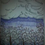 Hand-drawn illustration of trees and rain clouds.