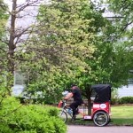 Man riding a red pedal cab in a park.