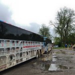 American Queen bus parked in a puddle.