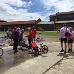 Group of people with recumbent bikes.