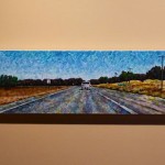 Painting of car on rural highway.