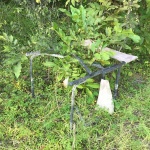 Metal frame table in overgrown grass.