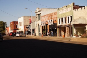 Historic downtown street with brick buildings.