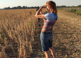 Woman in a field using binoculars.