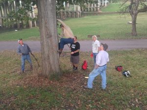 Tree climbing to retrieve disc with group effort