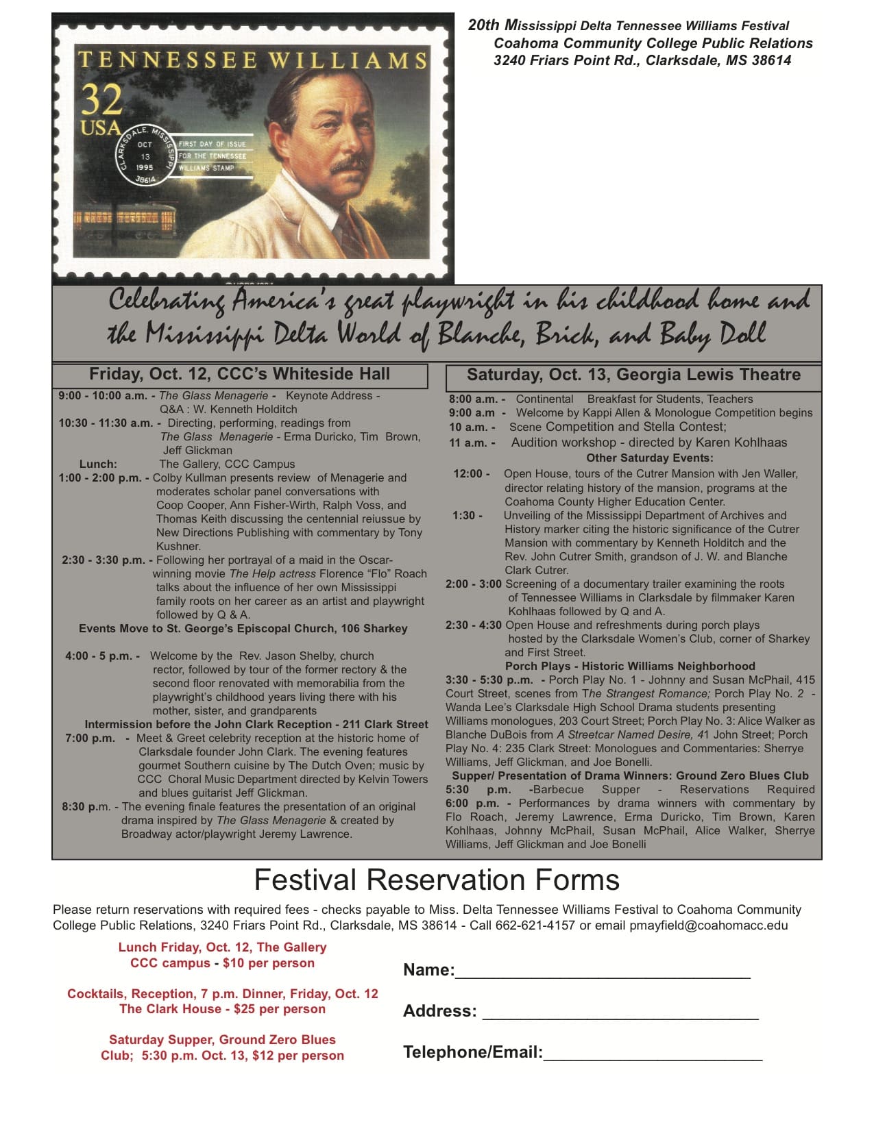 2012 Schedule for Tennessee Williams Festival in Clarksdale