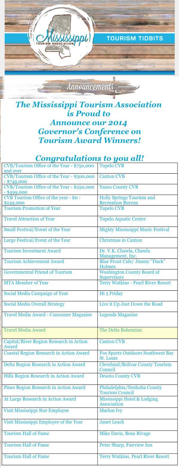 Award Winners at Mississippi Governor's Conference on Tourism 2014