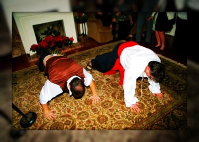 Traditional attire during festive push-up competition.