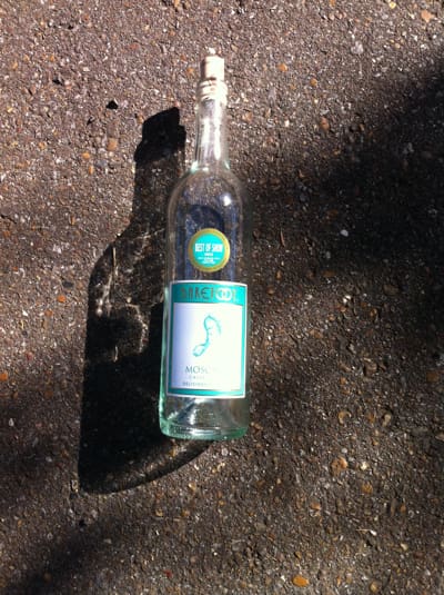Empty wine bottle on pavement