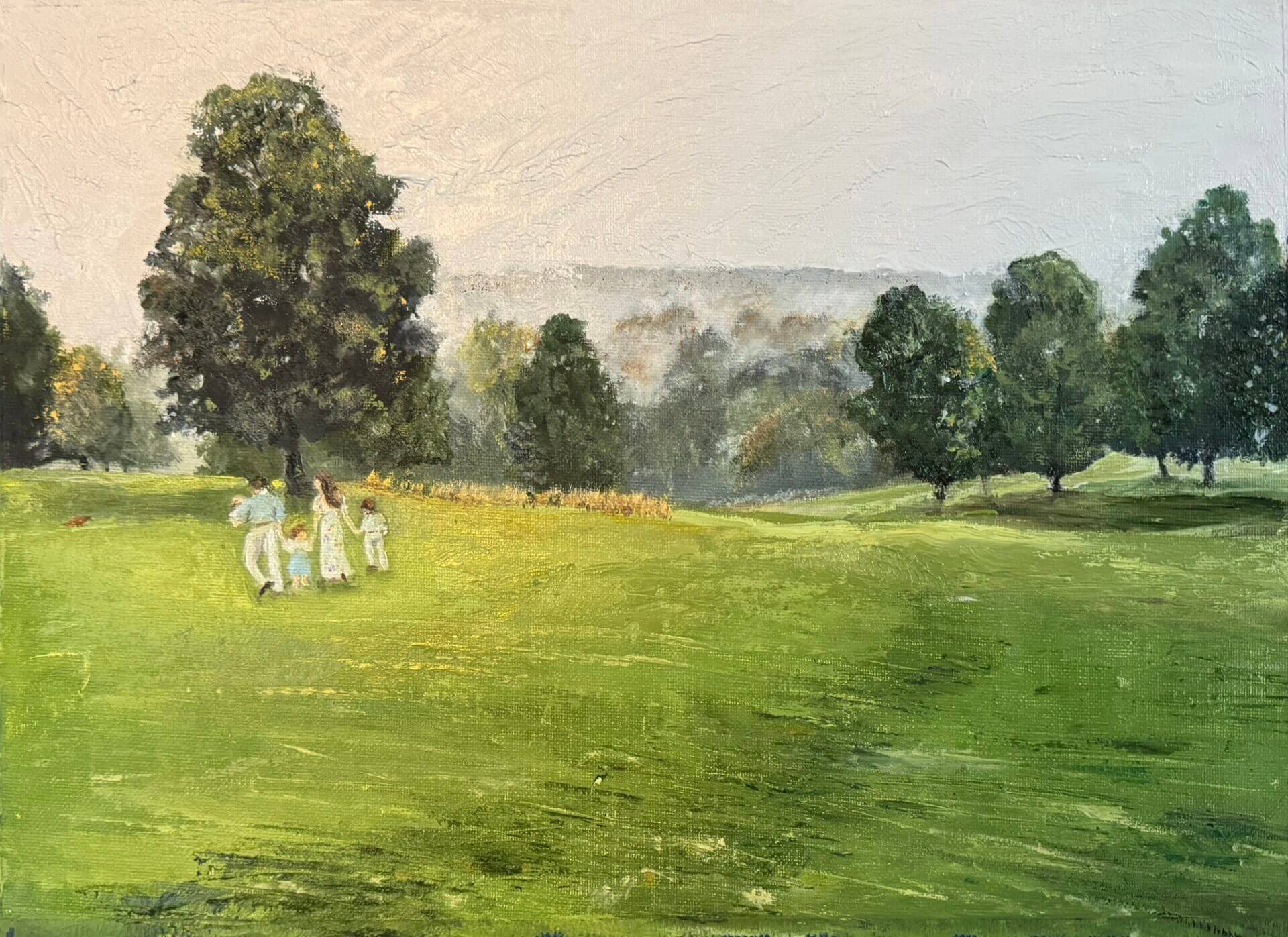 People in a sunny, green park painting