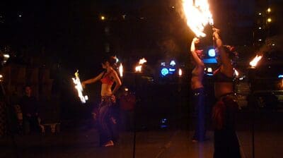 Nighttime fire dancing performance