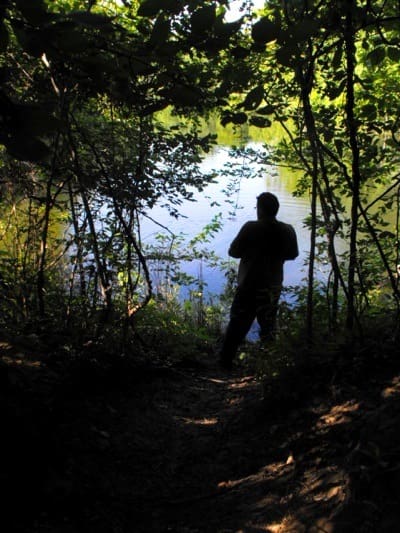 Shadowed figure in lush greenery