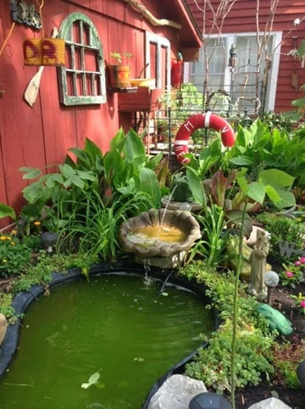 Backyard pond with greenery and fountain