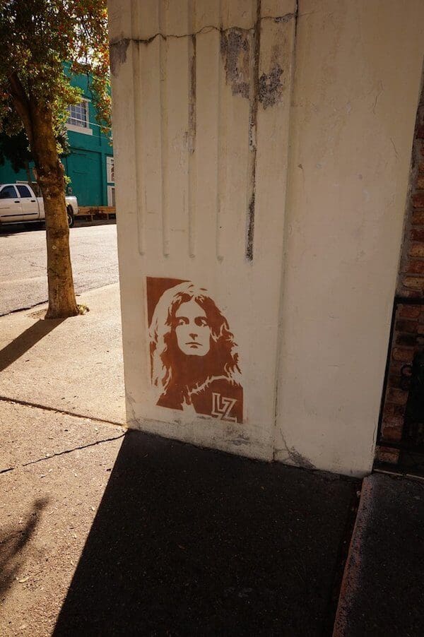 Street art of Robert Plant on Delta Avenue in Clarksdale. Photo by Andrea Vlonk