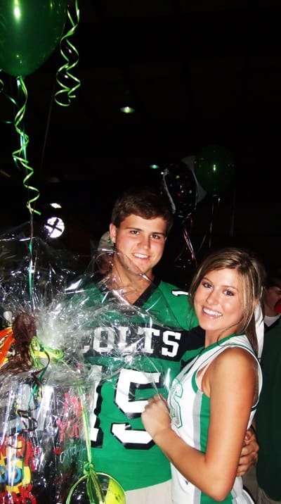 Cheerleader and football player celebrating together