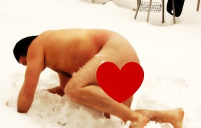 Nude man outdoors, snowy setting