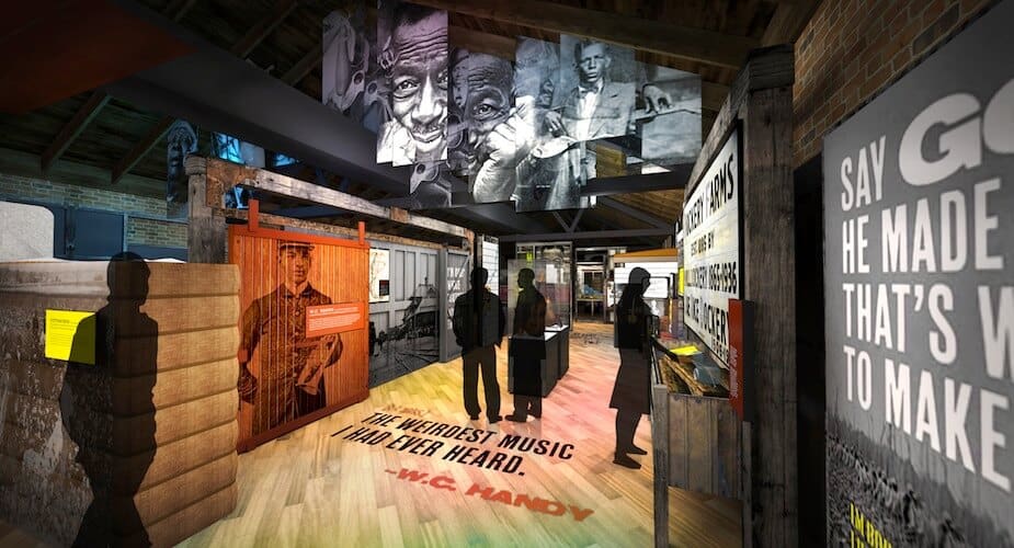 Artistic museum installation featuring music history