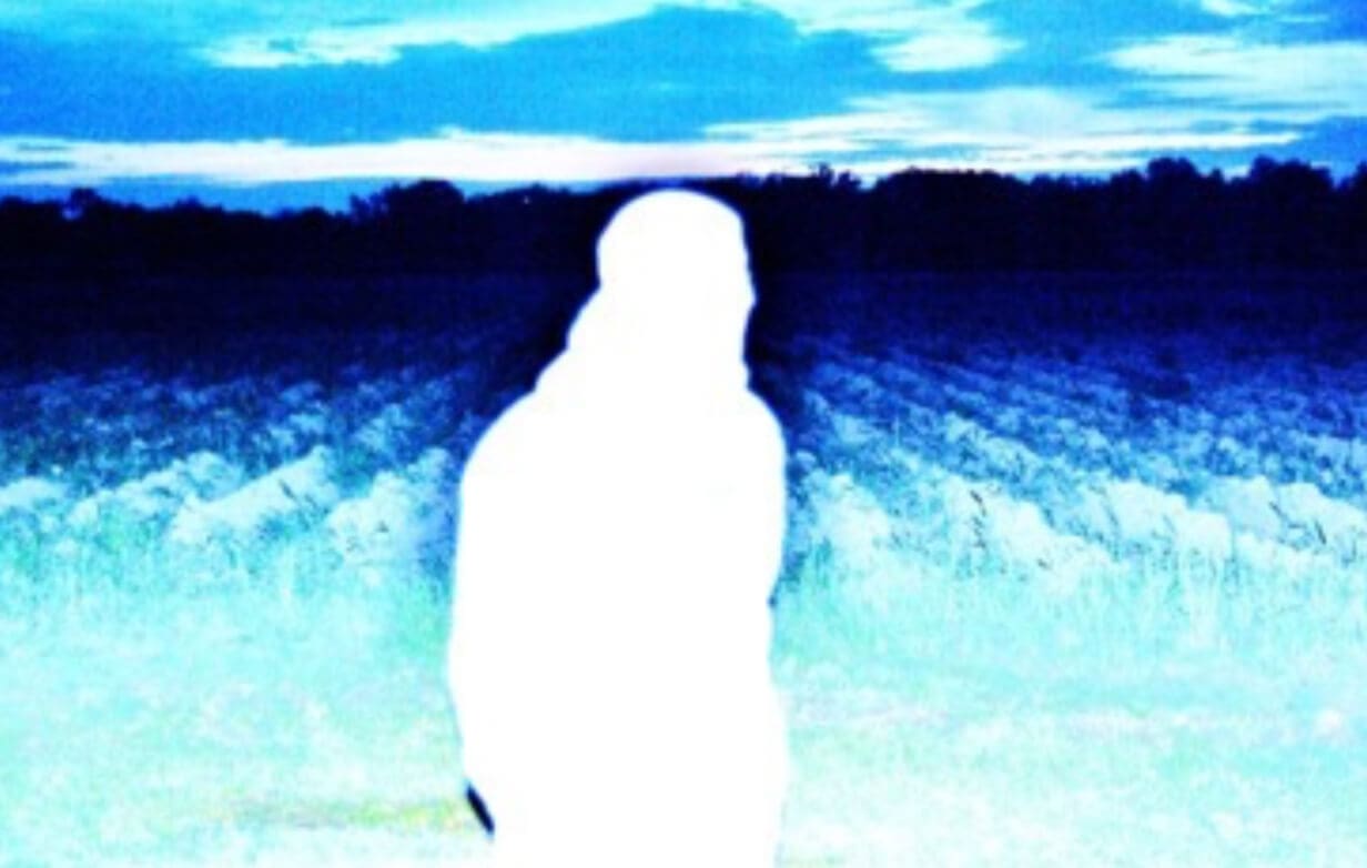 Abstract figure in field at dusk